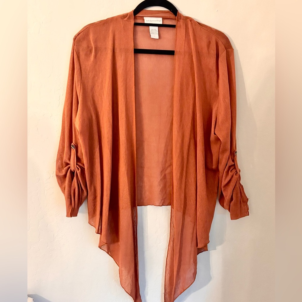 Soft Surroundings Cotton Blend Semi-Sheer Open Front Cardigan, Rust, Sz Large